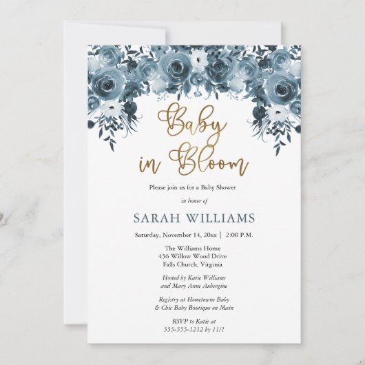 Blauwe Waterverf Floral | Goud Baby in Bloom Showe Kaart (Voorkant)