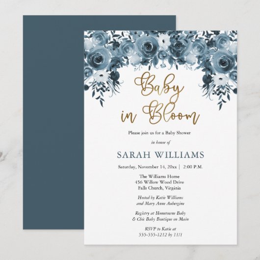 Blauwe Waterverf Floral | Goud Baby in Bloom Showe Kaart (Voorkant / Achterkant)