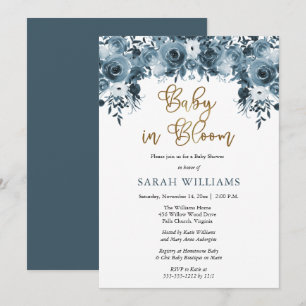 Blauwe Waterverf Floral   Goud Baby in Bloom Showe Kaart