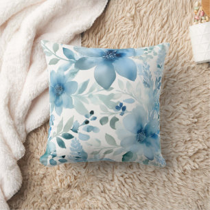 Blauwe Waterverf Floral Kussen