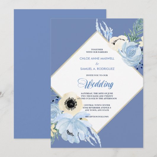 Blauwe Waterverf Floral Lijst Weddenschap Kaart (Voorkant / Achterkant)