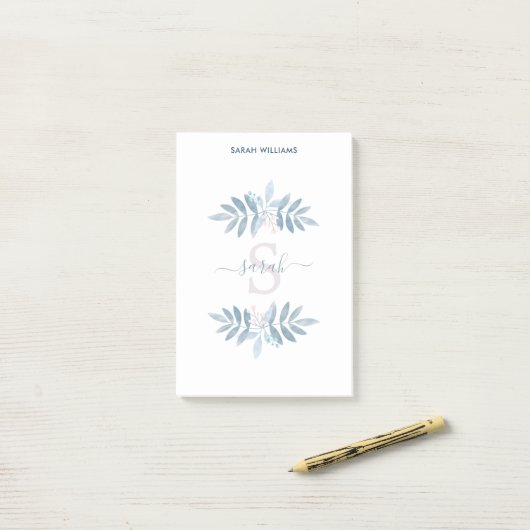 Blauwe Waterverf Floral Monogram Post-it® Notes (Op bureau)