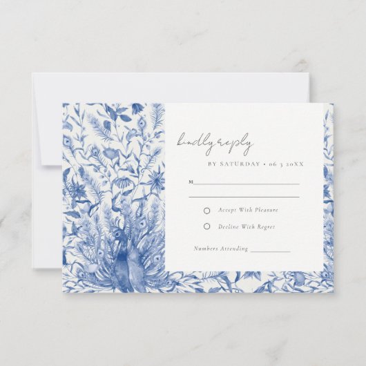 Blauwe  Waterverf Floral pacock Wedding RSVP Kaartje (Voorkant)