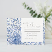 Blauwe  Waterverf Floral pacock Wedding RSVP Kaartje (Staand voorkant)