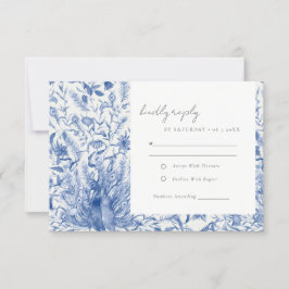 Blauwe  Waterverf Floral pacock Wedding RSVP Kaartje
