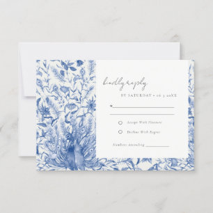 Blauwe  Waterverf Floral pacock Wedding RSVP Kaartje