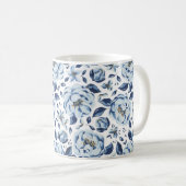 Blauwe Waterverf Floral Patroon Koffiemok (Voorkant rechts)