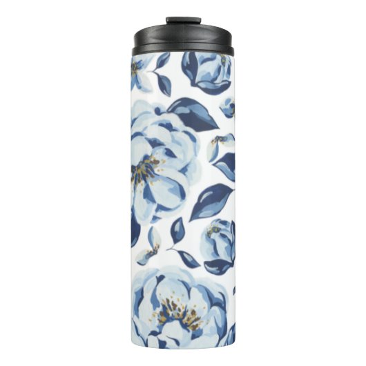 Blauwe Waterverf Floral Patroon Thermosbeker (Voorkant)