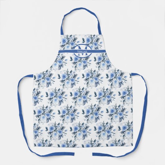 Blauwe Waterverf Floral Pattern Monogram Schort (Voorkant)