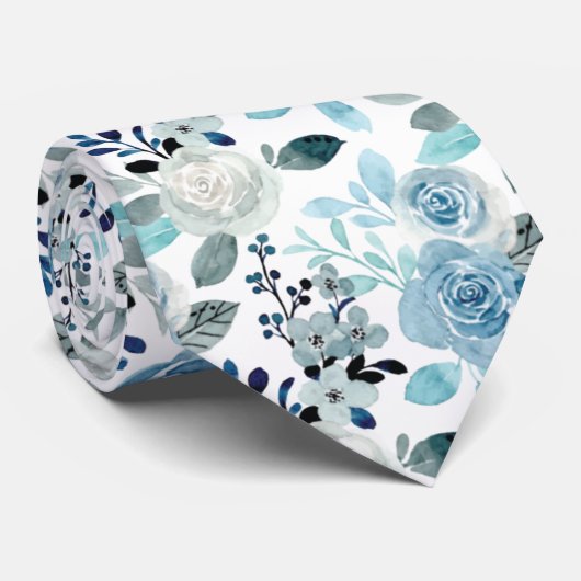 Blauwe Waterverf Floral Pattern op White, Wedding Stropdas (Opgerold)