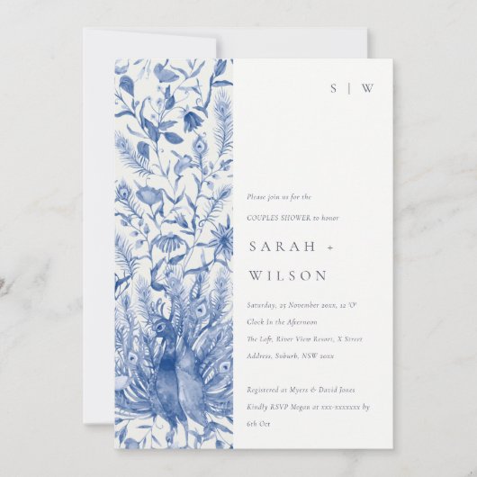 Blauwe Waterverf Floral Peacock Couples Shower Kaart (Voorkant)