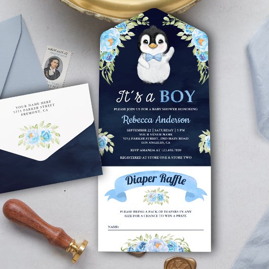 Blauwe Waterverf Floral Penguin Navy Baby shower All In One Uitnodiging