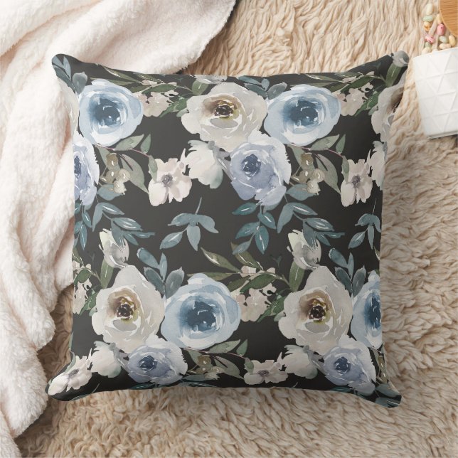 Blauwe Waterverf Floral Pillow, Floral Sierkussen (Deken)