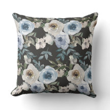 Blauwe Waterverf Floral Pillow, Floral Sierkussen