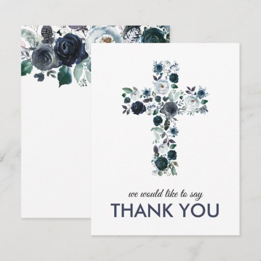 Blauwe Waterverf Floral Religious Cross Bedankkaart (Voorkant / Achterkant)