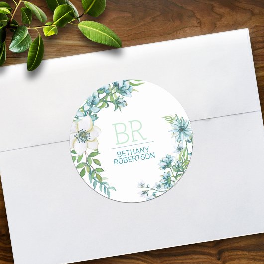  Blauwe Waterverf Floral Ronde Sticker