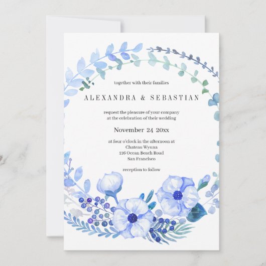 Blauwe Waterverf Floral Rustic Wedding Kaart (Voorkant)