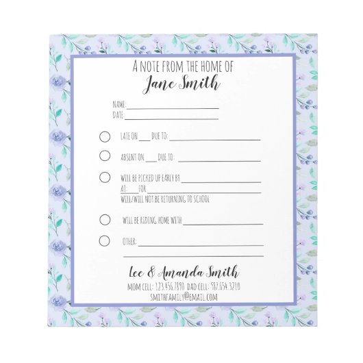 Blauwe Waterverf Floral School Note 1 Notitieblok (Voorkant)