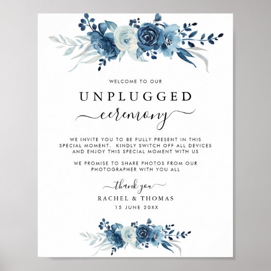 Blauwe waterverf floral Unplugged ceremonieteken Poster (Voorkant)