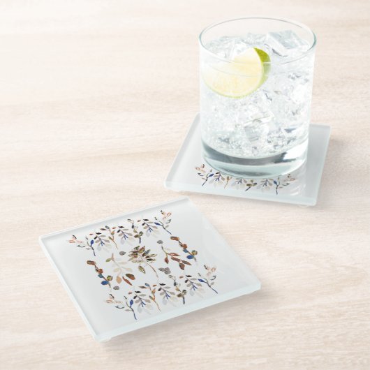 Blauwe Waterverf Floral van de witte bessen Glazen Onderzetter (Schuin)