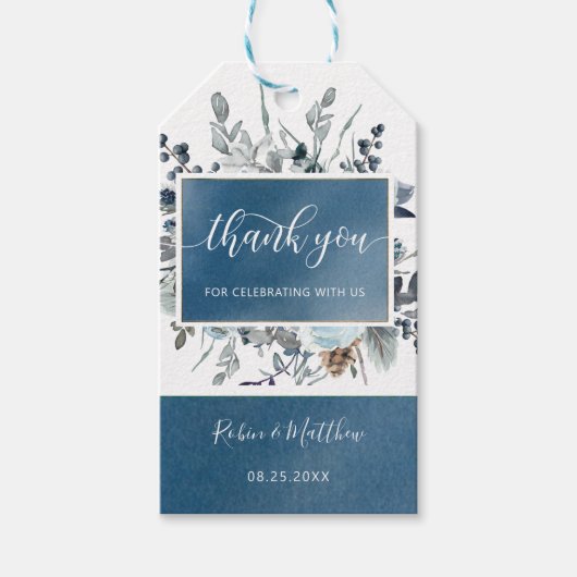 Blauwe Waterverf, Floral Wedding/andere Dank je Cadeaulabel (Voorkant)