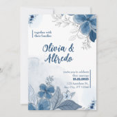 Blauwe Waterverf Floral Wedding Kaart (Voorkant)