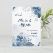 Blauwe Waterverf Floral Wedding Kaart (Staand voorkant)