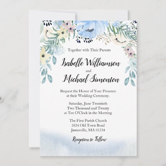 Blauwe Waterverf Floral Wedding Kaart (Voorkant)