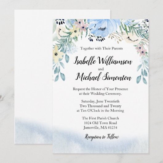 Blauwe Waterverf Floral Wedding Kaart (Voorkant / Achterkant)