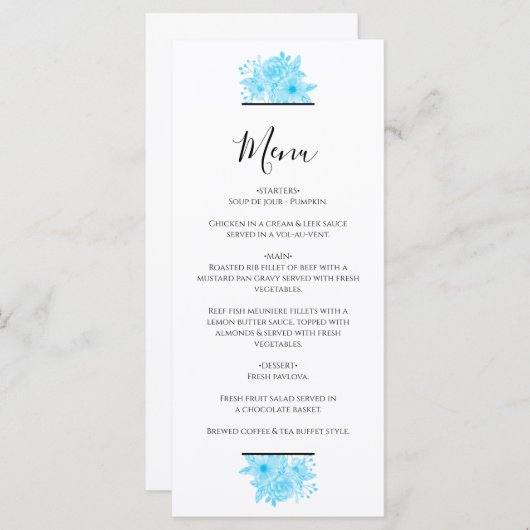 Blauwe Waterverf Floral Wedding Menu (Voorkant / Achterkant)