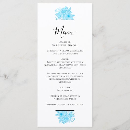 Blauwe Waterverf Floral Wedding Menu (Voorkant)