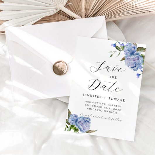 Blauwe Waterverf Floral Wedding Save The Date