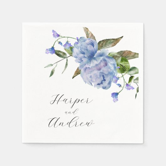 Blauwe Waterverf Floral Wedding Servet (Voorkant)