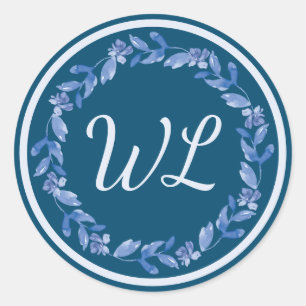 Blauwe Waterverf Floral Wreath Monogrammed Ronde Sticker