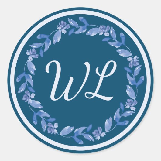 Blauwe Waterverf Floral Wreath Monogrammed Ronde Sticker (Voorkant)