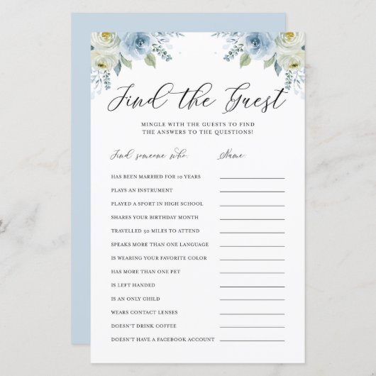 Blauwe Waterverf Floral Zoek het spel met de gasts (Voorkant / Achterkant)