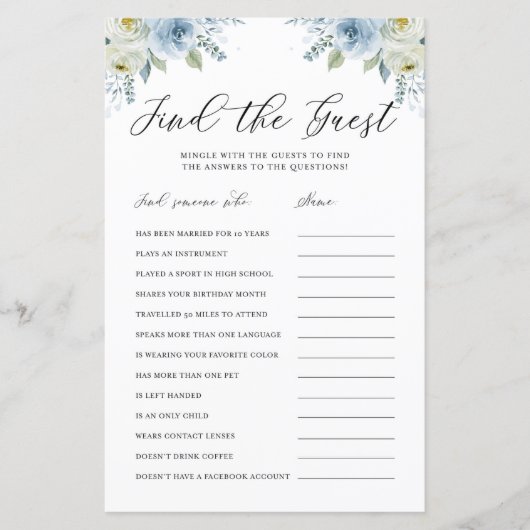 Blauwe Waterverf Floral Zoek het spel met de gasts (Voorkant)