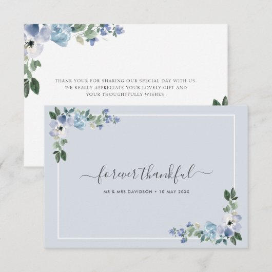 blauwe waterverf florale bruiloft bedankt kaartje (Voorkant / Achterkant)