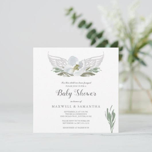 Blauwe Waterverf Florals Angel Wings Baby shower Kaart (Staand voorkant)