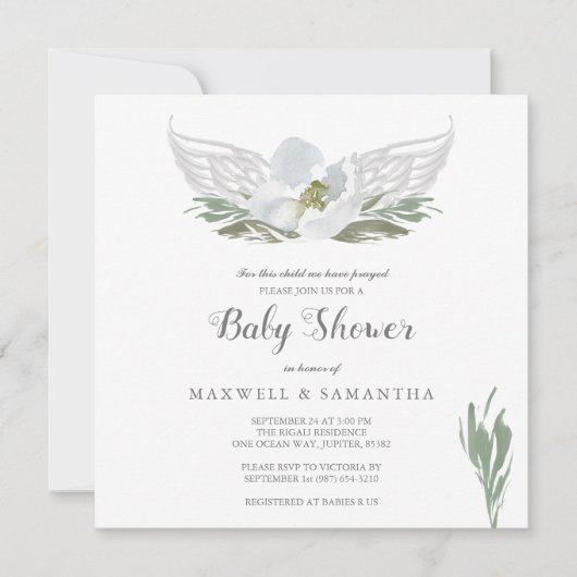 Blauwe Waterverf Florals Angel Wings Baby shower Kaart (Voorkant)