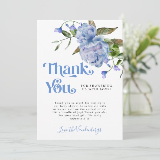 Blauwe Waterverf Flower Boy Baby shower Bedankkaart (Staand voorkant)
