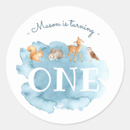Blauwe Waterverf Forest Animal Boy's 1e Verjaardag Ronde Sticker