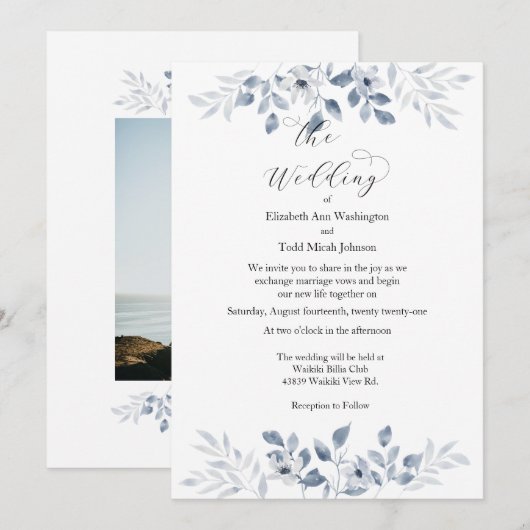 Blauwe Waterverf foto bruiloft uitnodiging (Voorkant / Achterkant)