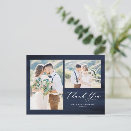 Blauwe Waterverf Foto Collage Weddenschap Bedankt Briefkaart (Staand voorkant)