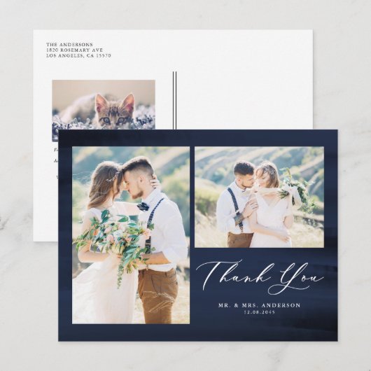 Blauwe Waterverf Foto Collage Weddenschap Bedankt Briefkaart (Voorkant / Achterkant)