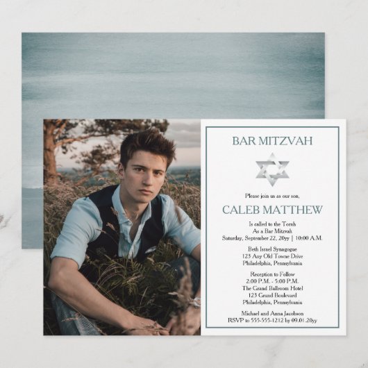 Blauwe Waterverf foto | Ster van David Bar Mitzvah Kaart (Voorkant / Achterkant)