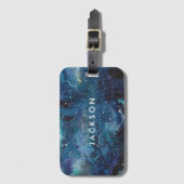 Blauwe Waterverf Galaxy Space Stars Naam Bagagelabel (Voorkant (verticaal))