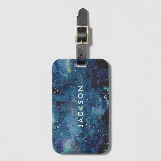 Blauwe Waterverf Galaxy Space Stars Naam Bagagelabel (Voorkant (verticaal))