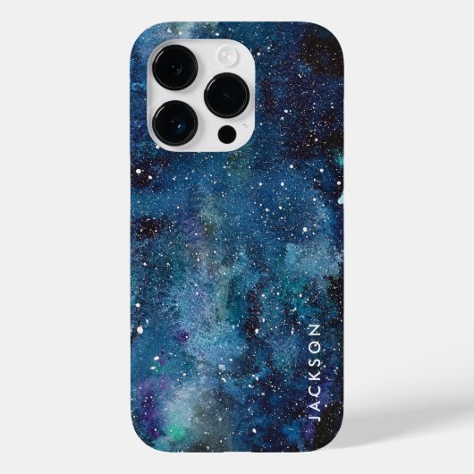 Blauwe Waterverf Galaxy Space Stars Naam Case-Mate iPhone Case (Achterkant)