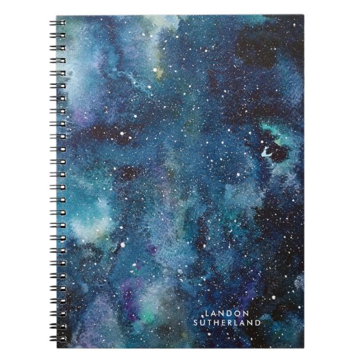 Blauwe Waterverf Galaxy Space Stars Naam Notitieboek (Voorkant)